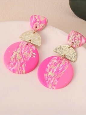 Pink Marble Drop Earrings with Gold Accents